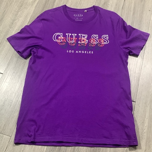 Guess Purple Embroidered SpellOut Crew Neck Short Sleeve T-Shirt size M - Picture 4 of 9